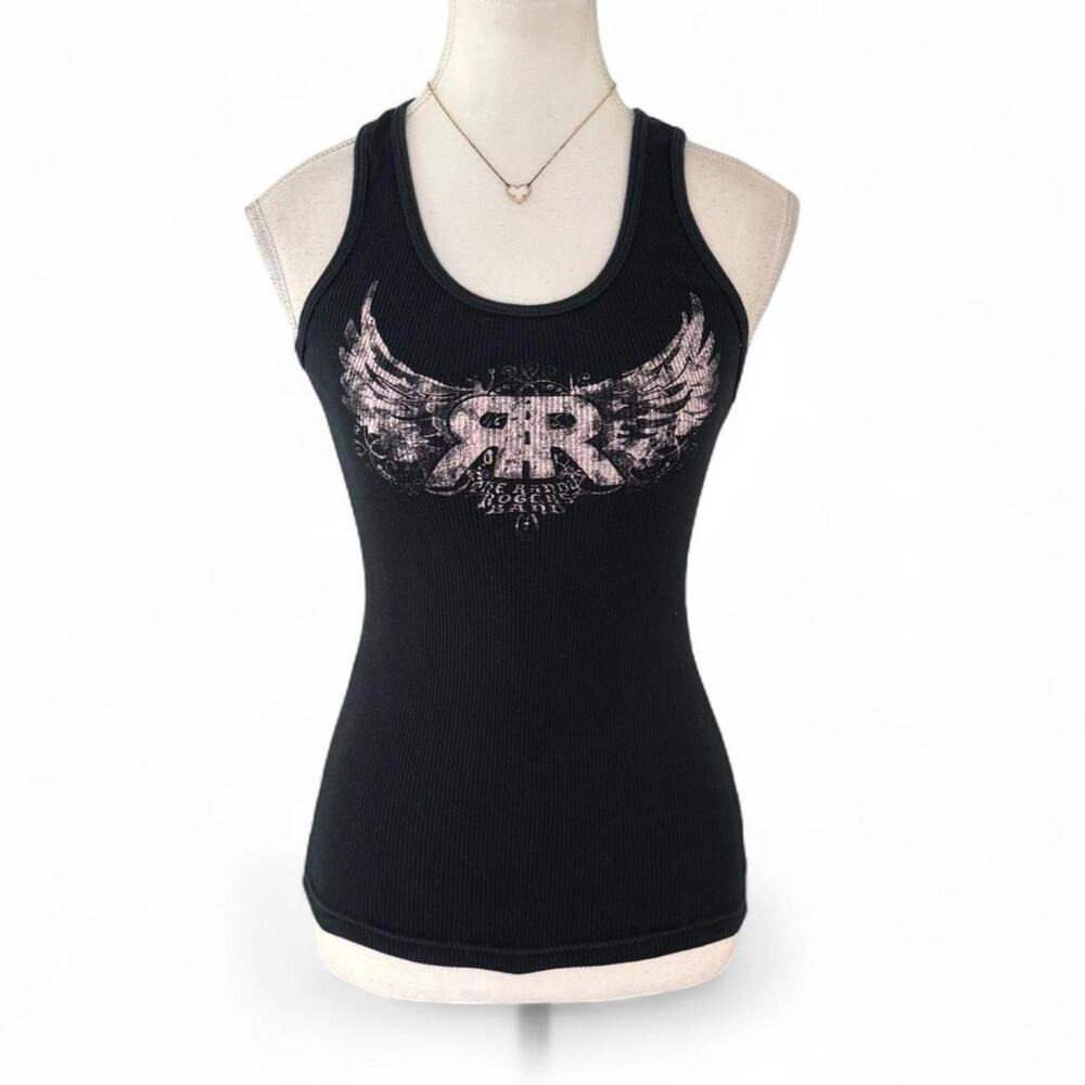 Y2K Black Tank Top with Wings Graphic size small American apparel goth